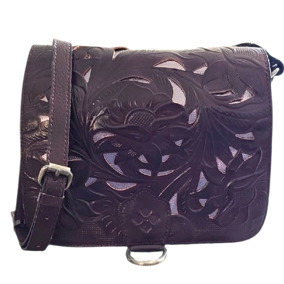 Patricia Nash ILINA Burgundy Cut Out Tooled Leather Crossbody Bag - Picture 4 of 15